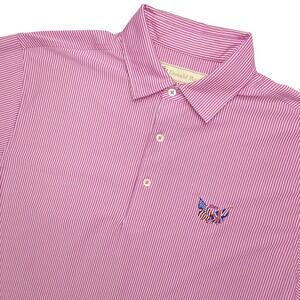 Donald Ross Polo Shirt Mens Medium Pink Stripe Golf Performance Patriotic Flags